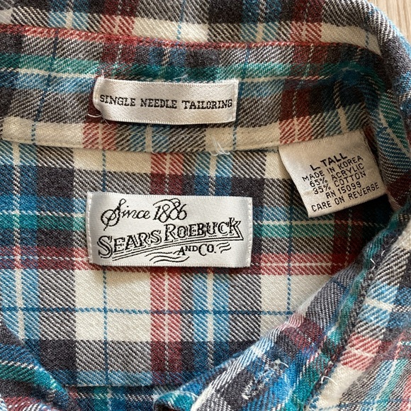 Sears Roebuck and Co. Flannel Shirt L Tall Button Down Single Needle Tailoring - Picture 2 of 8